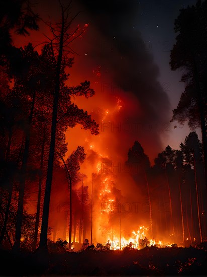 Dense forest ablaze with wildfire under the cover of night flames, AI generated