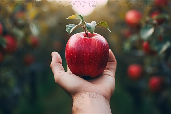Hand holding fresh red apple with blurry apple trees in background. KI generiert, generiert AI generated