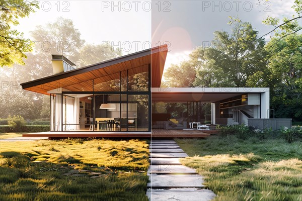 Modern house with large windows surrounded by forest bathed in sunlight, AI generated