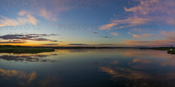 Landscape in the evening light, evening sun, evening sky, sunset, seascape, natural landscape, coast, lake, panorama, sky, orange, natural, atmosphere, evening mood, water, romantic, journey, holiday, boat trip, boat trip, houseboat, recreation, relaxation, calmness, silence, nobody, tourism, environment, reflection, Masuria, Poland, Europe