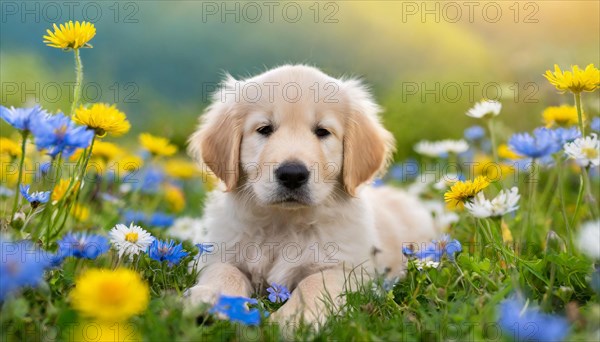 KI generated, A Golden Retriever lies in the grass of a flower meadow, young animals, animal children, (Canis lupus familiaris)