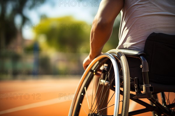 Back view of man in wheelchair on sports field. KI generiert, generiert AI generated