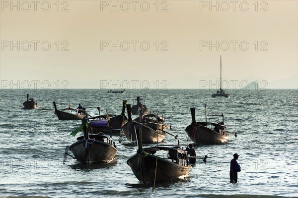 Longtail boats in the evening sun, wooden boat, boat, fisherman, fishing boat, water taxis, ferry boats, sea, tourism, travel, holiday, Krabi, Thailand, Asia