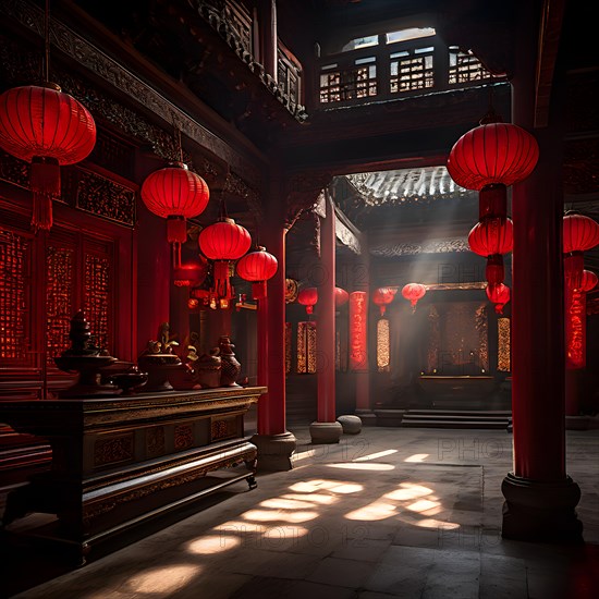 Shaolin temple interior with red lanterns, AI generated