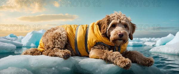 Labradoodle Dog in a yellow puffer vest jacket lying peacefully on an ice floe, alone isolated in the artic sea. Environmental and climate change issues concept, AI generated