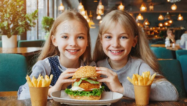 KI generated, nTwo little girls enjoy their fast food, French fries, hamburgers