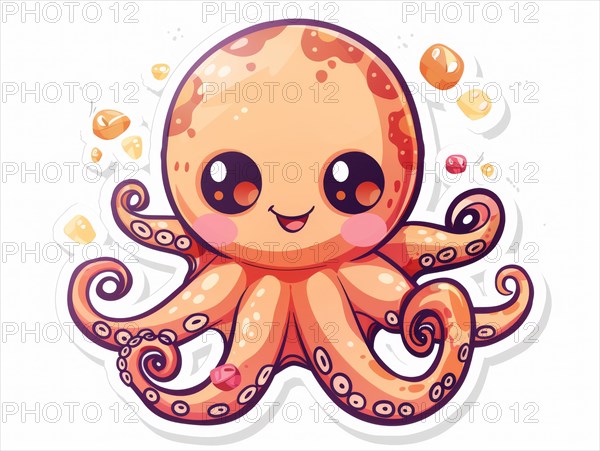An adorable orange cartoon octopus with a cheerful expression surrounded by bubbles, ai generated, AI generated