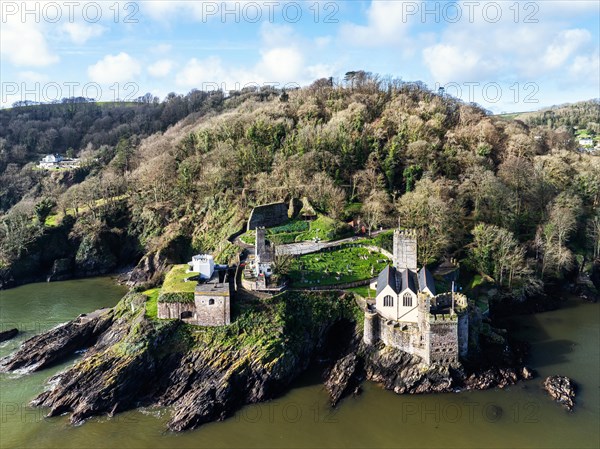 Dartmouth Castle over River Dart from a drone, Dartmouth, Kingswear, Devon, England, United Kingdom, Europe