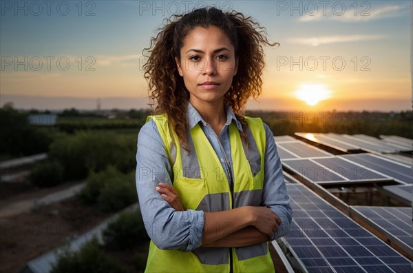 Thoughtful woman standing in front of solar panels at sunset, climate change agenda concept, AI generated
