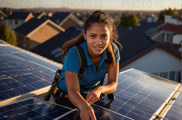 Energetic young woman setting up solar panels on a rooftop during golden hour, women at heavy industrial contruction jobs, feminine power and rights concept, blurry selective focus background, bokeh, AI generated
