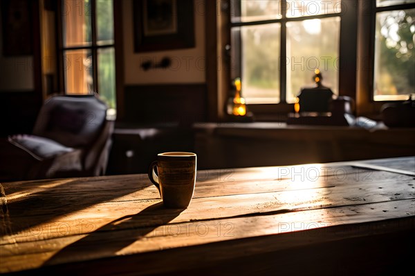 Rustic wooden table adorned with the history of ring marks from coffee cups and scratches, AI generated