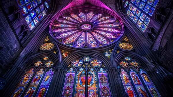 Stunning view of a gothic cathedral's rose window and intricate stained glass with a vaulted ceiling, ai generated, AI generated