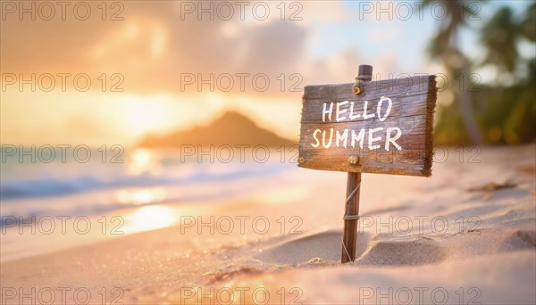 Hello summer wooden banner stuck in the sand on an exotic beach. Ocean vacation, tropical holiday conceptual background. AI generated art