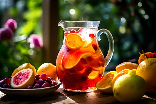 Sangria pitcher brimming with oranges lemons apples, AI generated