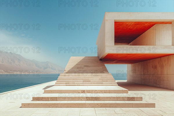 Modern concrete building by the sea with a stark staircase and warm lighting, AI generated