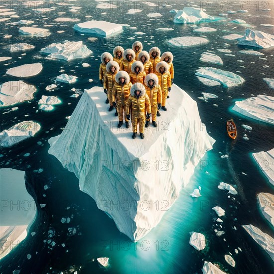 Aerial view of group people wearing yellow winter garment standing on a large block of ice in the middle of the ocean. AI generated