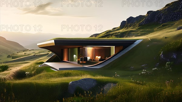 House nestled within a hillside grass blanketed roof harmonizing with the landscape, AI generated, building, architecture, modern