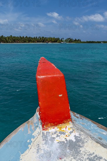 Boat on its way to Bangaram island, Lakshadweep archipelago, Union territory of India