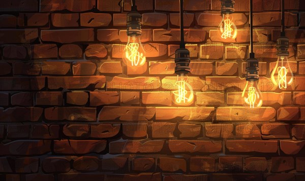 Multiple hanging light bulbs emit a warm, inviting glow against a dark brick wall AI generated
