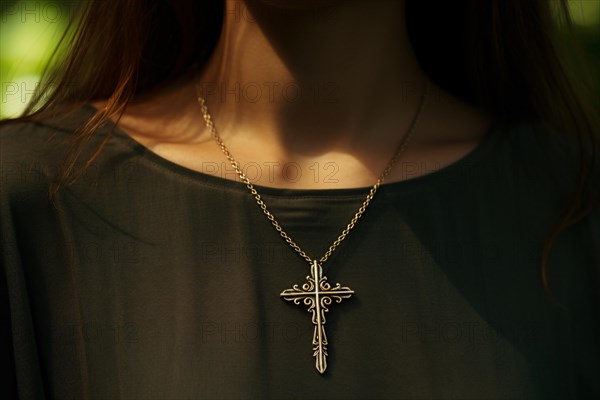 Close up of religious christian cross necklace around woman's neck. KI generiert, generiert AI generated