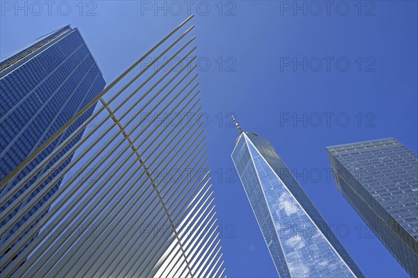 Wing of the Oculus Building, World Trade Center Station, Transportation Hub, skyscrapers One World Trace Center or Freedom Tower, 7 WTC, 3 WTC, Ground Zero, Lower Manhattan, New York City, New York, USA, North America