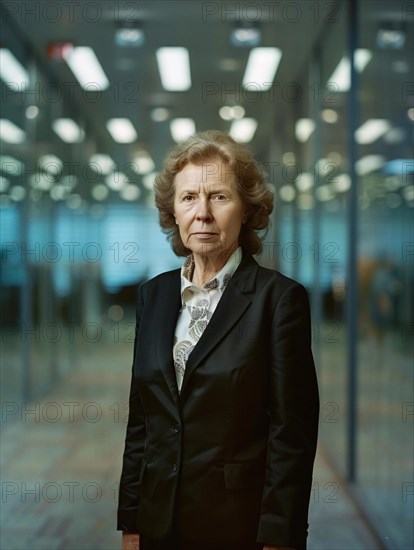 A senior woman in professional clothing stands with a serious expression in a corporate hallway, AI generated