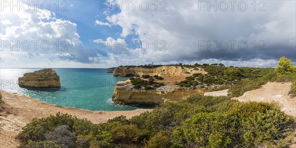 Rocky coast in the Algarve, summer holiday, weather, sunny, Atlantic, panorama, summer holiday, travel, holiday, tourism, nature, rocky, landscape, coastal landscape, rocks, cliffs, bay, bay of the sea, sea, Carvoeiro, Portugal, Europe