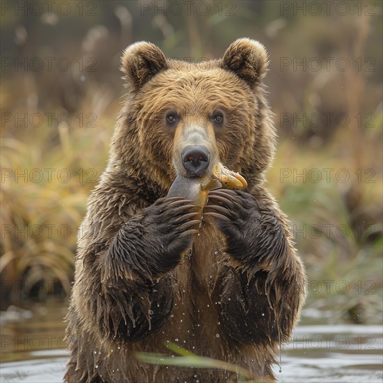 A brown bear hunts salmon in shallow clear water, AI generated