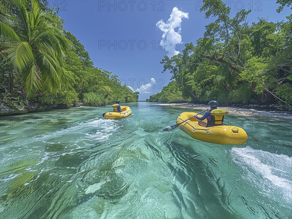 Whitewater riders ride boats through rapids, AI generated