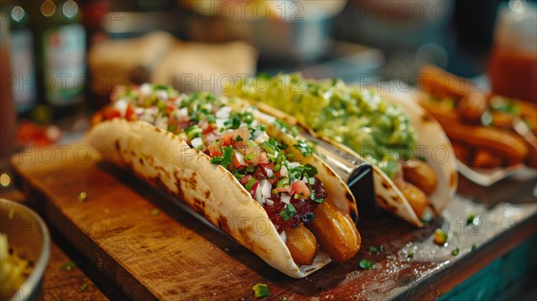 Two hot dogs topped with guacamole and pico de gallo on a rustic wooden board, ai generated, AI generated