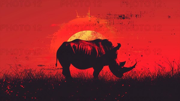 Silhouette of a rhinoceros with a red backdrop and paint splatter effects, ai generated, AI generated