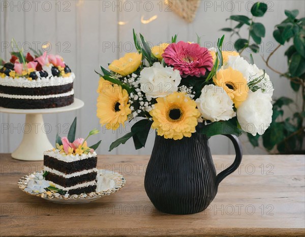 A vase full of flowers next to delicious-looking cakes on a white tablecloth, AI generated, AI generated