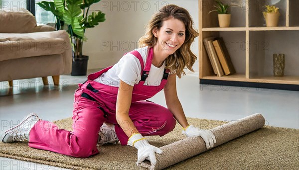 AI generated, Your woman is laying a new carpet in the living room