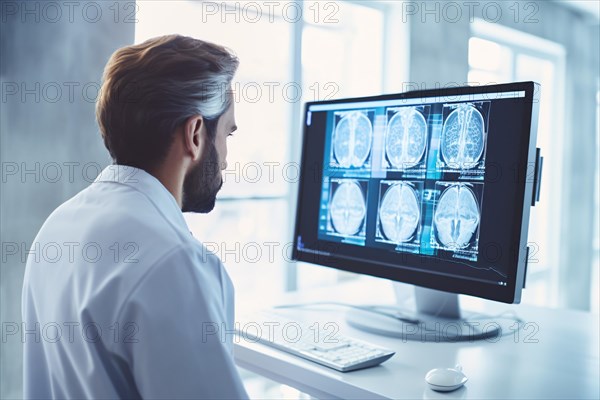 Doctor locing at computer monitor with brain scans. KI generiert, generiert AI generated
