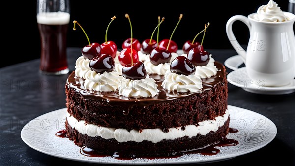 Black Forest gateau on a porcelain plate, AI generated, AI generated