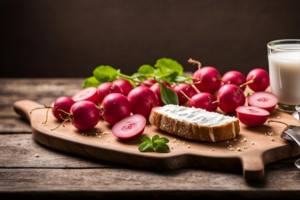 Obatzda radiating its rich creaminess paired with crisp radishes and rustic bavarian bread, AI generated