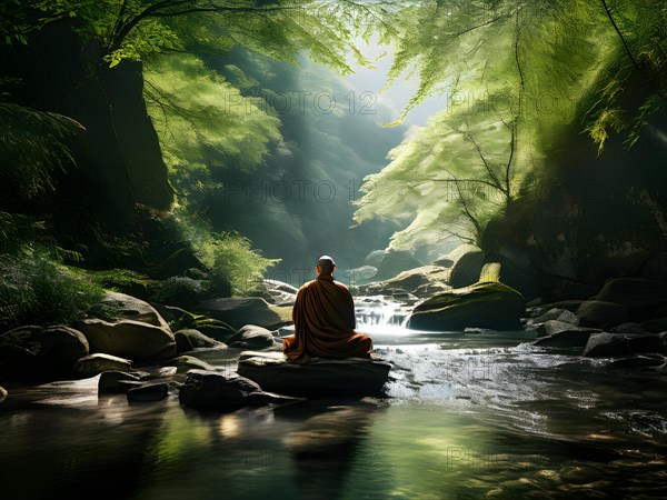 Monk engrossed in meditation beside a serene mountain stream, AI generated