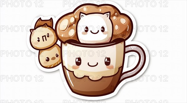 A whimsical hot chocolate cup with smiling cartoon cats in the milk foam, ai generated, AI generated