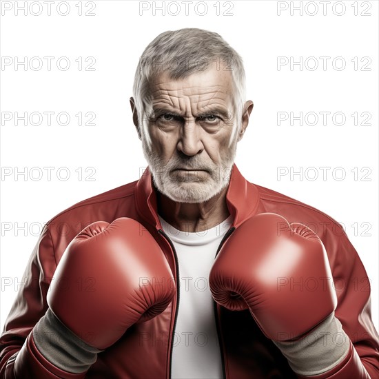 An older man with boxing gloves looks confidently and resolutely into the camera, symbolic image for self-defence at an advanced age, AI generated, AI generated, AI generated