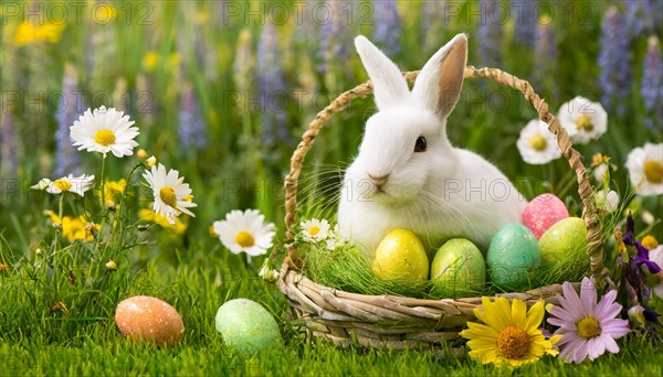 Ai generated, An Easter basket with coloured eggs in a meadow with colourful flowers, in the basket a white rabbit, symbolic picture Easter, animal children, dwarf rabbit