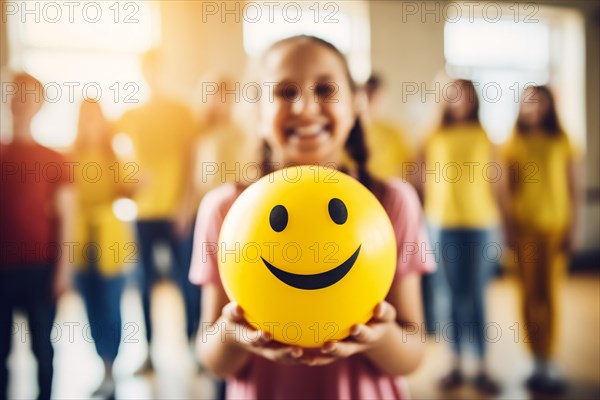 Happy child holding yellow ball with smiling face with other children and young teens in blurry background. KI generiert, generiert AI generated