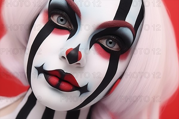 Woman's face with black and white Halloween or Carnival pierrot clown makeup in red background. KI generiert, generiert AI generated