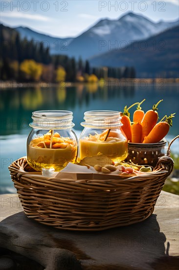 Woven basket filled with glass jars homemade hummus carrot sticks, AI generated