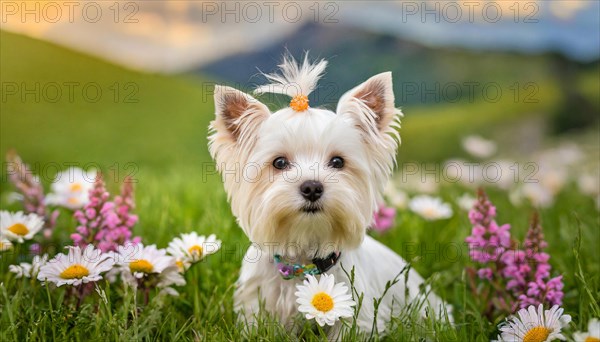 KI generated, A white Yorkshire Terrier lying in a flower meadow, (Canis lupus familiaris)