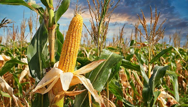 KII generated, A corn field in bloom with fresh ripe corn cobs, (Zea mays)