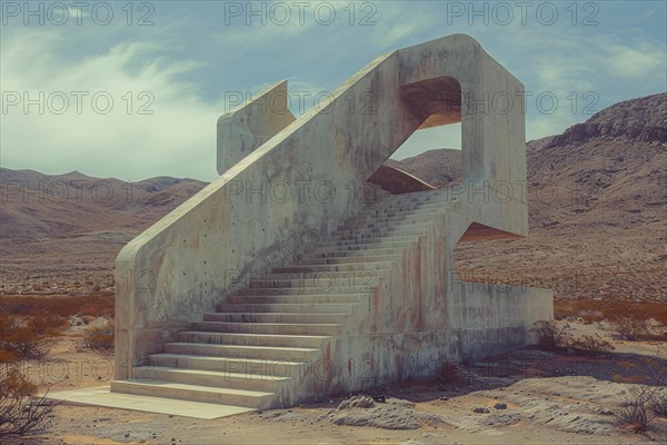 Unique architectural concrete structure with stairs in a desert setting under a blue sky, AI generated