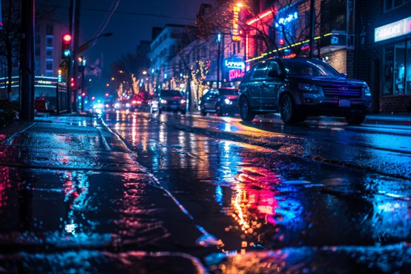 Night street scene of a street in a city, neon lights, neon signs and headlights reflected on the wet road, AI generated, AI generated, AI generated