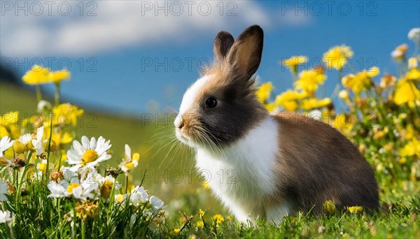 KI generated, A colourful dwarf rabbit in a meadow with white and yellow flowers, spring, side view, (Brachylagus idahoensis)