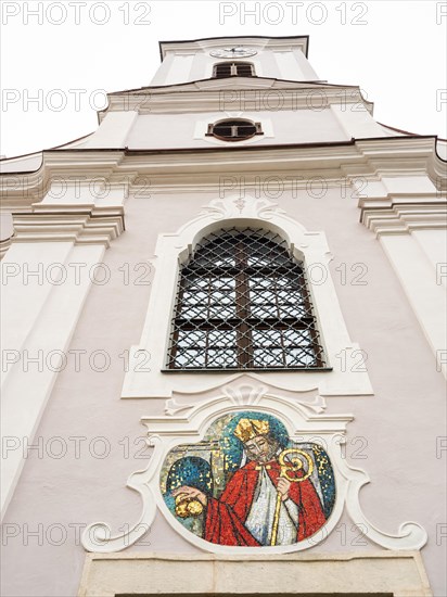 Church tower, mosaic on the church facade, St Nicholas, Roman Catholic parish church of St Nicholas, Stubenberg am See, Eastern Styria, Styria, Austria, Europe