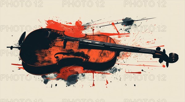 Violin with splatter paint effect in red and black tones on a white background, ai generated, AI generated
